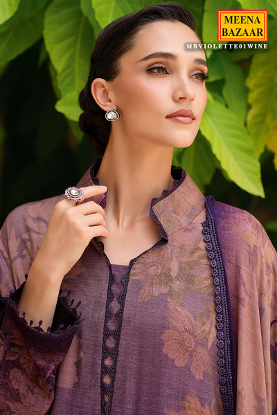 Wine Pashmina Printed and Lace Threadwork Embroidered Suit