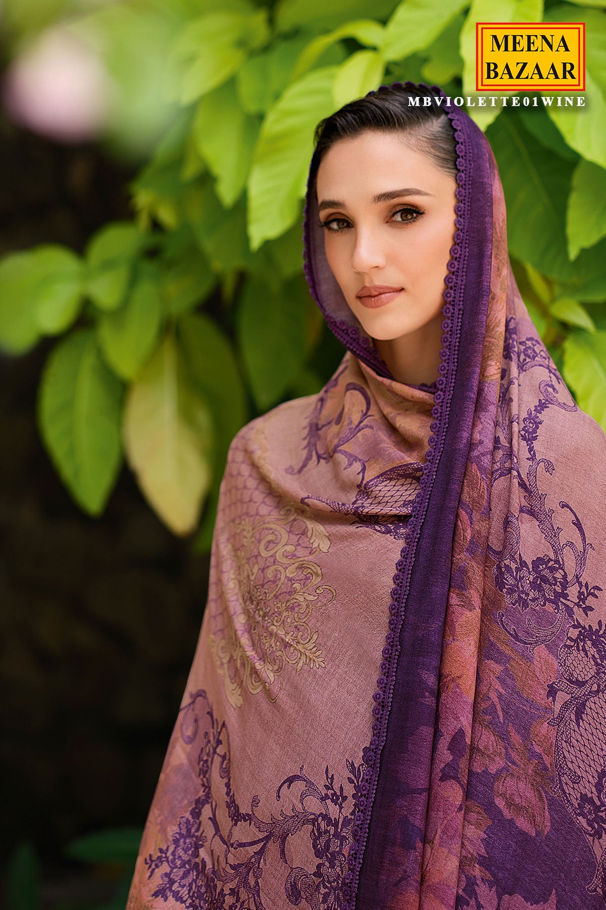 Wine Pashmina Printed and Lace Threadwork Embroidered Suit