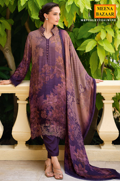 Wine Pashmina Printed and Lace Threadwork Embroidered Suit