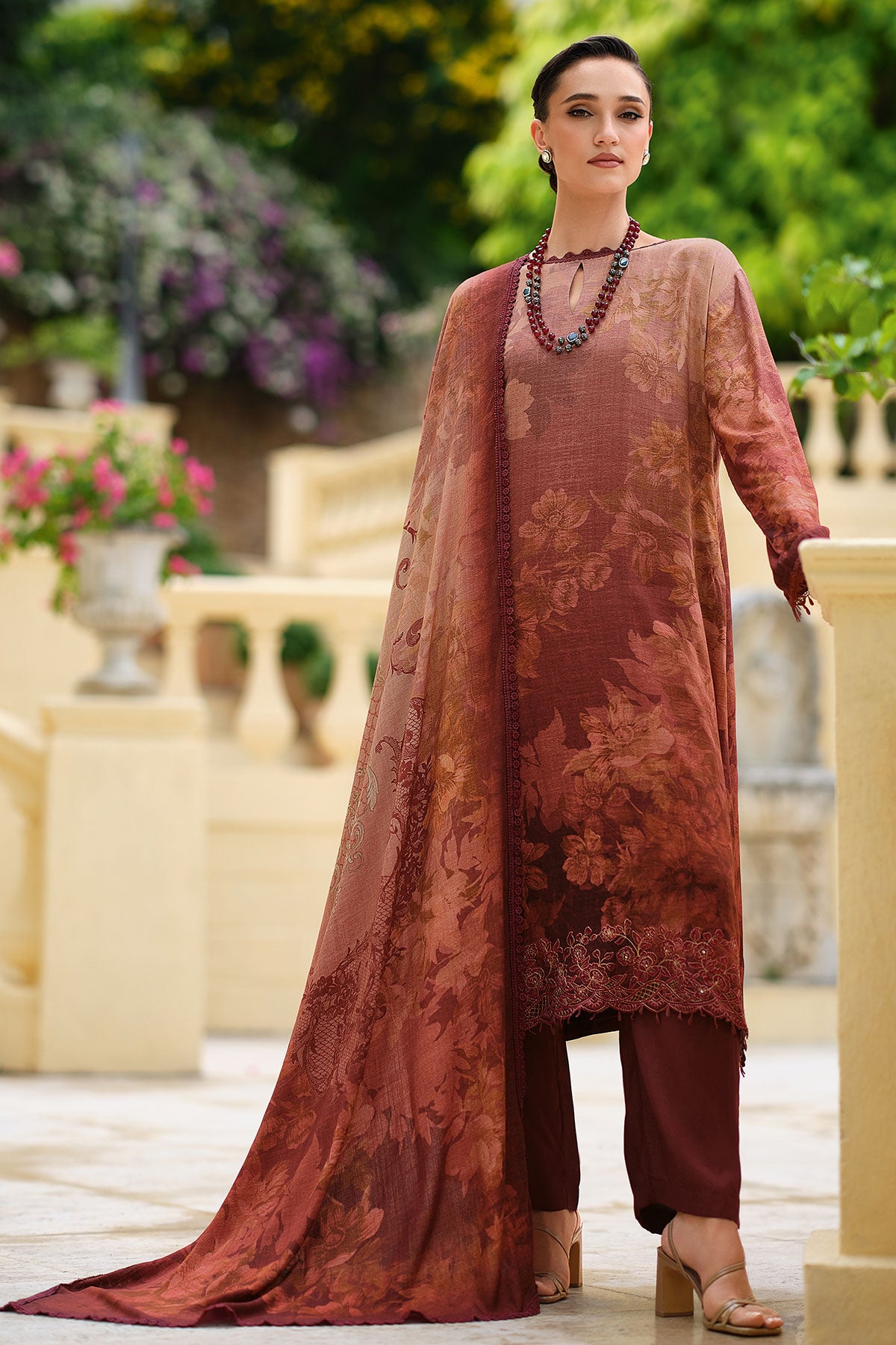 Rust Pashmina Printed and Lace Threadwork Embroidered Suit