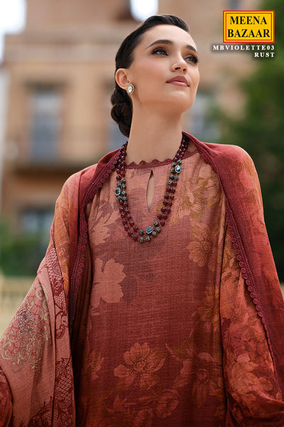 Rust Pashmina Printed and Lace Threadwork Embroidered Suit