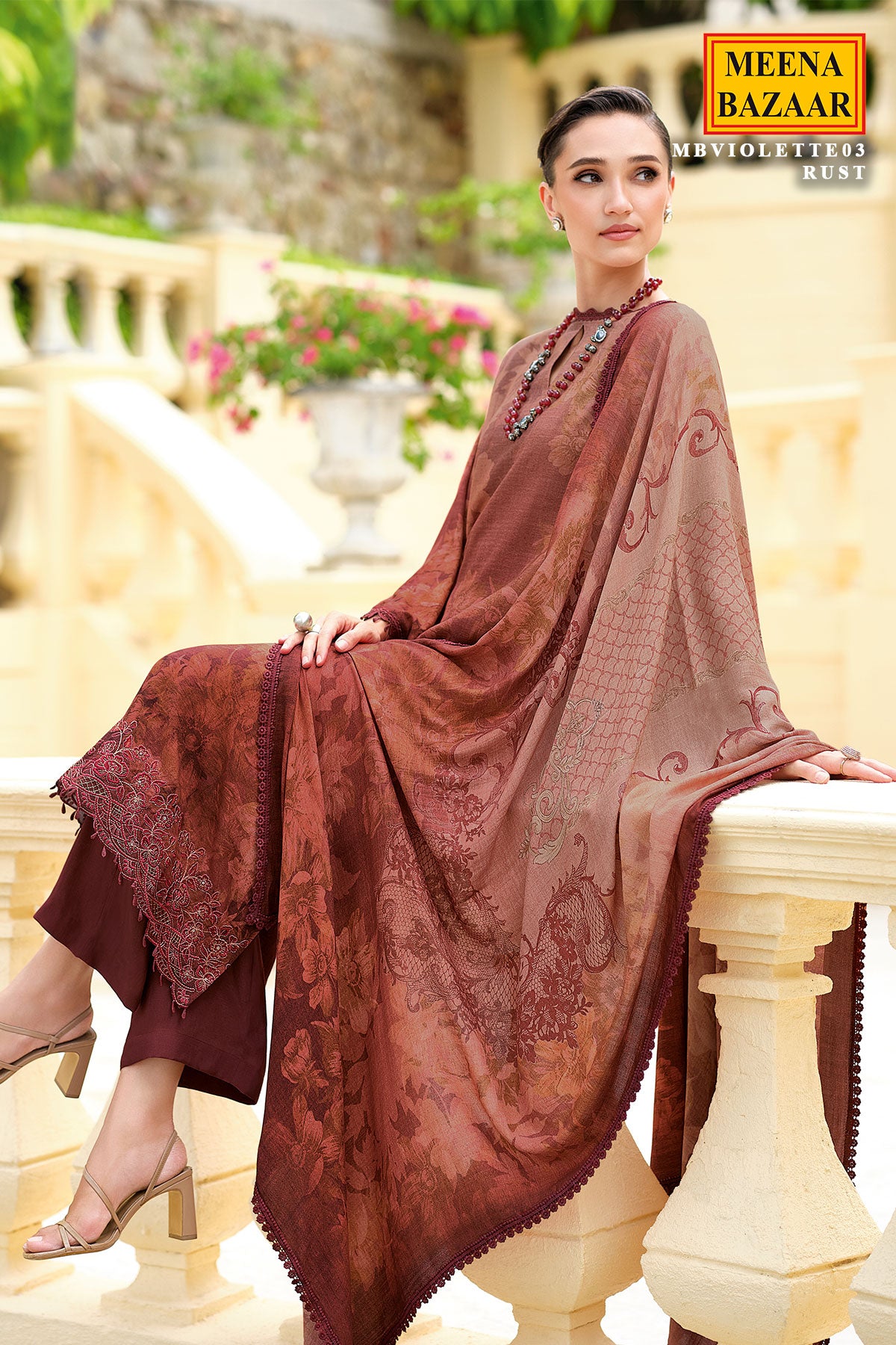 Rust Pashmina Printed and Lace Threadwork Embroidered Suit