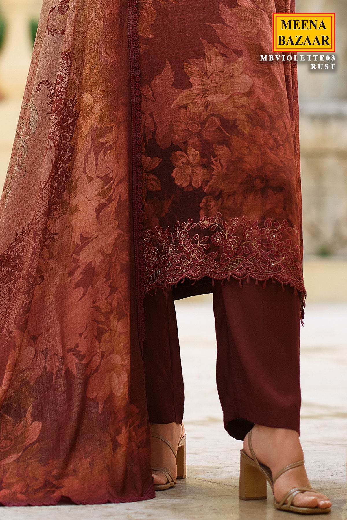 Rust Pashmina Printed and Lace Threadwork Embroidered Suit