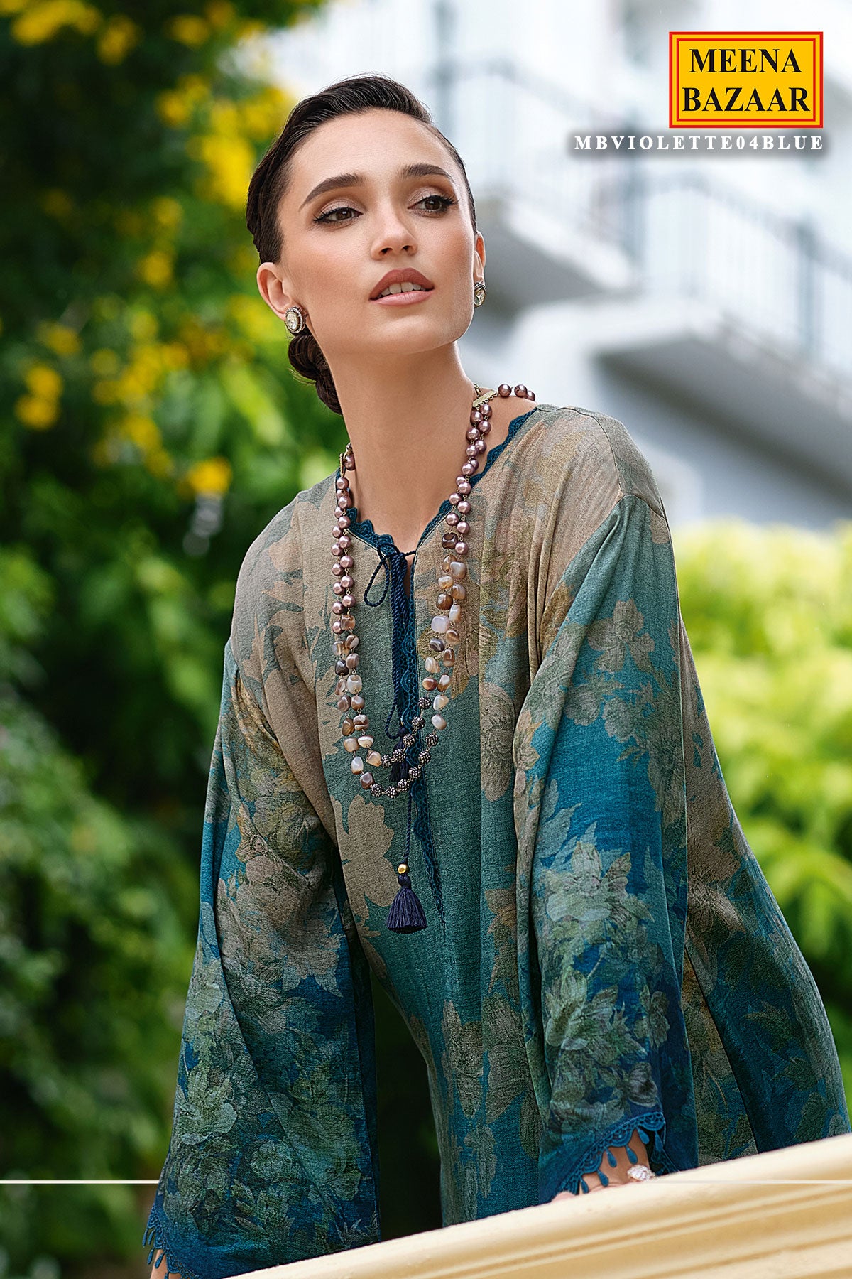 Blue Pashmina Printed and Lace Threadwork Embroidered Suit