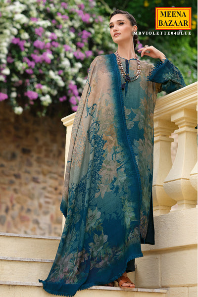 Blue Pashmina Printed and Lace Threadwork Embroidered Suit