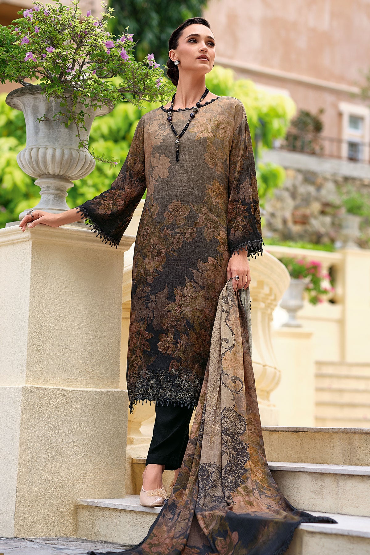 Brown Pashmina Printed and Lace Threadwork Embroidered Suit