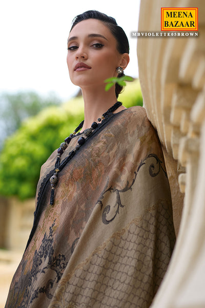 Brown Pashmina Printed and Lace Threadwork Embroidered Suit