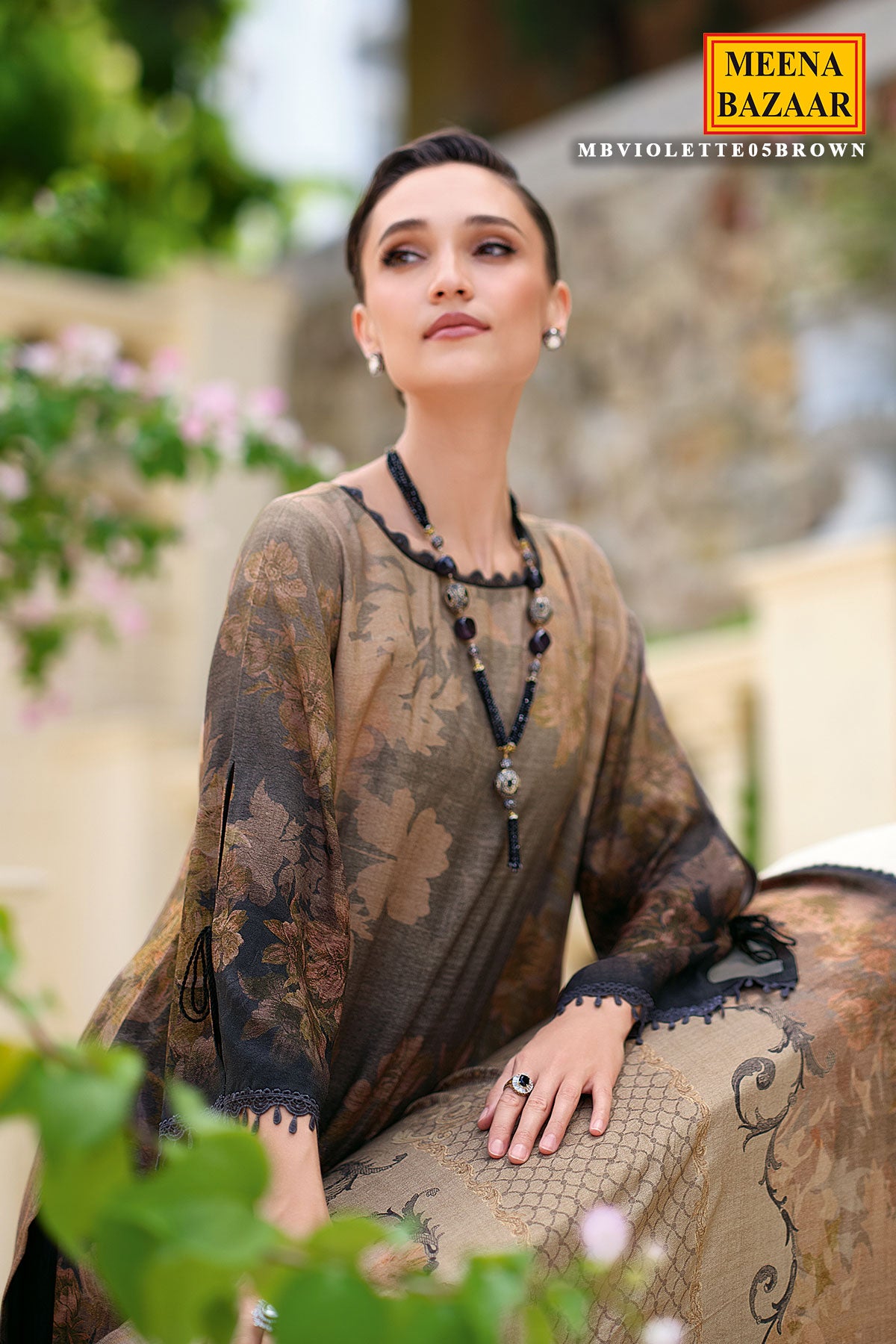 Brown Pashmina Printed and Lace Threadwork Embroidered Suit