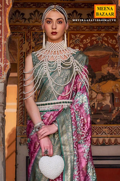 Mauve Floral Printed Zari Woven Patola Silk Saree