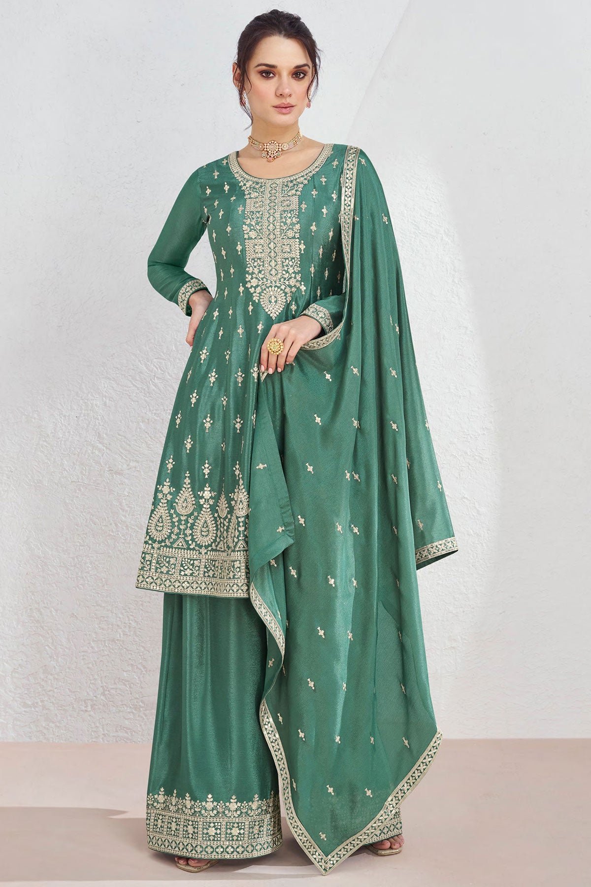 Green Chinon Embroidered Anarkali Style Palazzo Suit Set