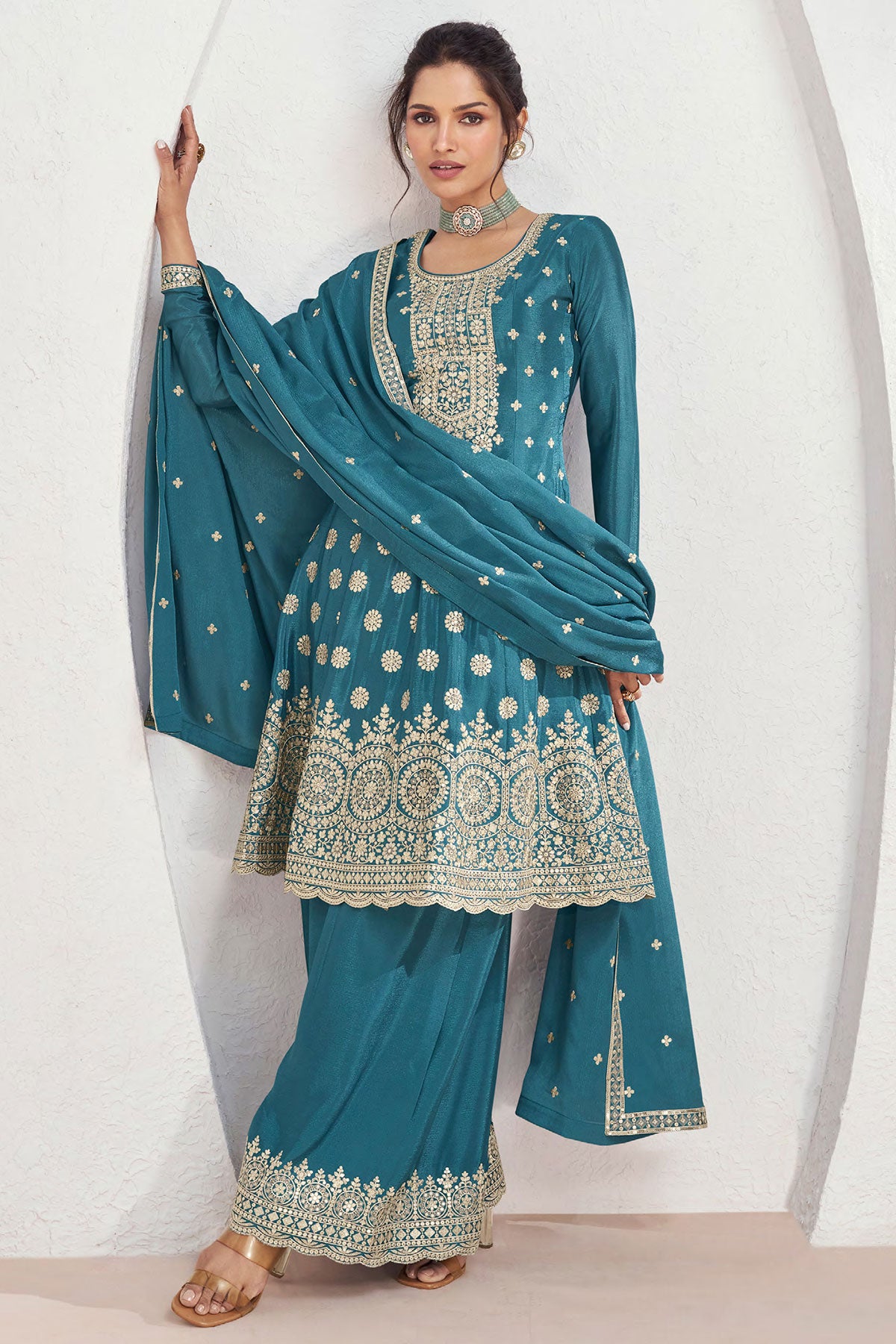 Blue Chinon Embroidered Anarkali Style Palazzo Suit Set