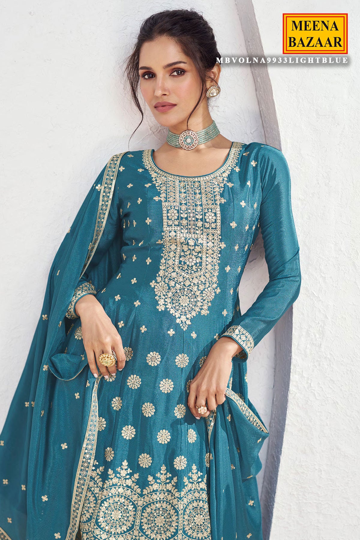 Blue Chinon Embroidered Anarkali Style Palazzo Suit Set