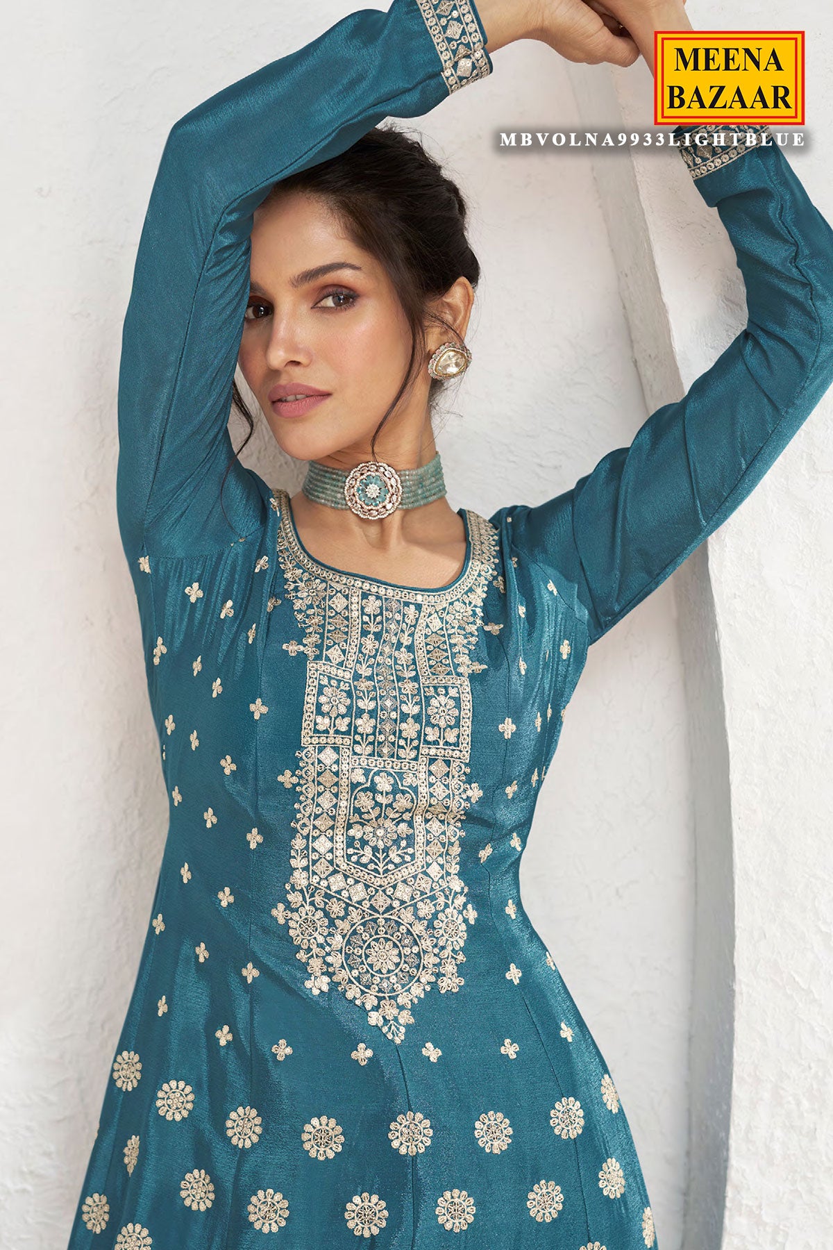 Blue Chinon Embroidered Anarkali Style Palazzo Suit Set