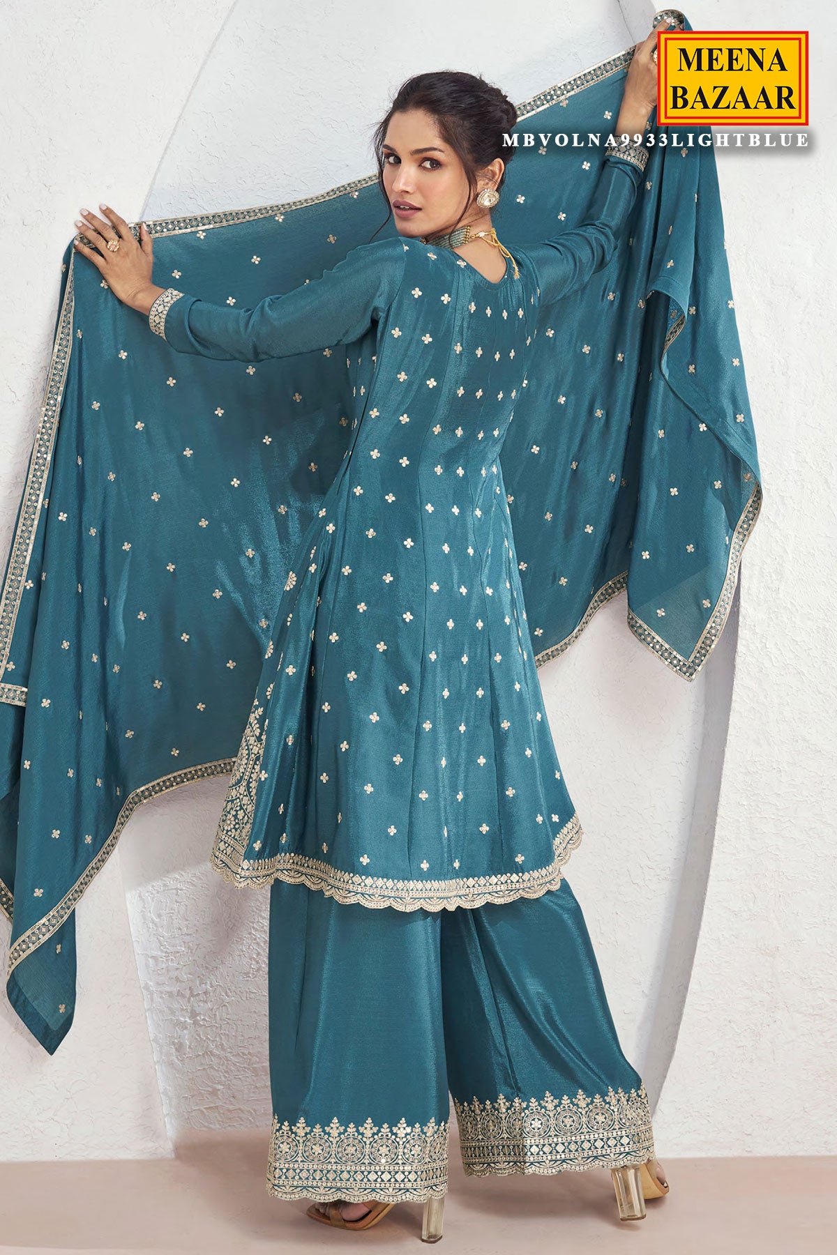 Blue Chinon Embroidered Anarkali Style Palazzo Suit Set