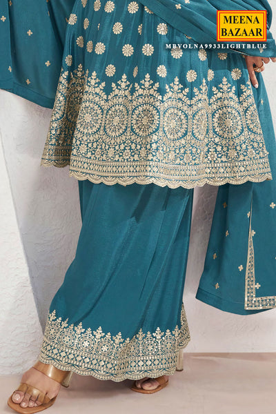 Blue Chinon Embroidered Anarkali Style Palazzo Suit Set