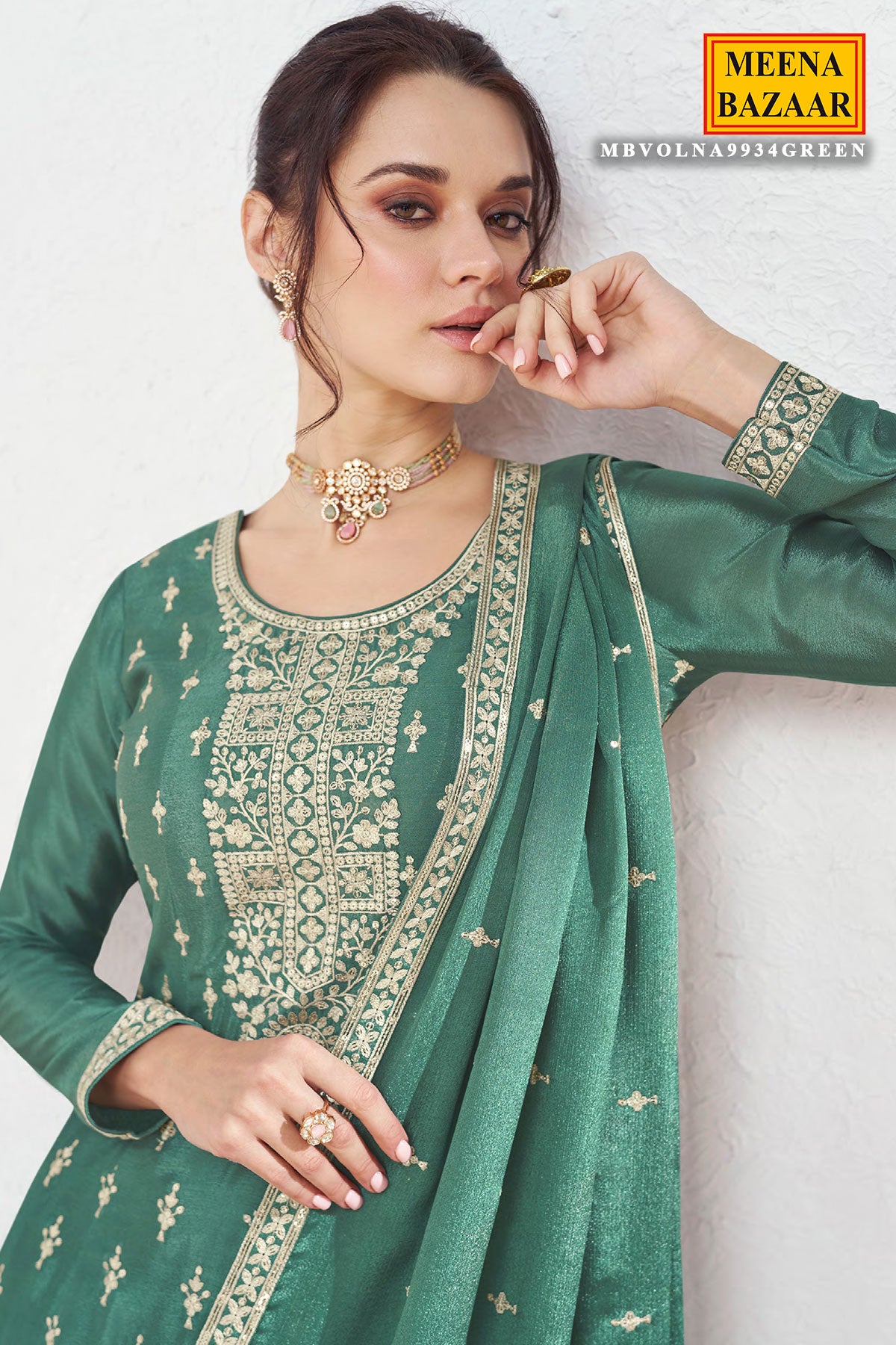 Green Chinon Embroidered Anarkali Style Palazzo Suit Set