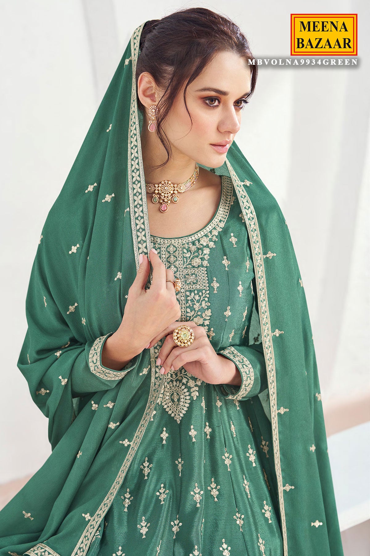 Green Chinon Embroidered Anarkali Style Palazzo Suit Set