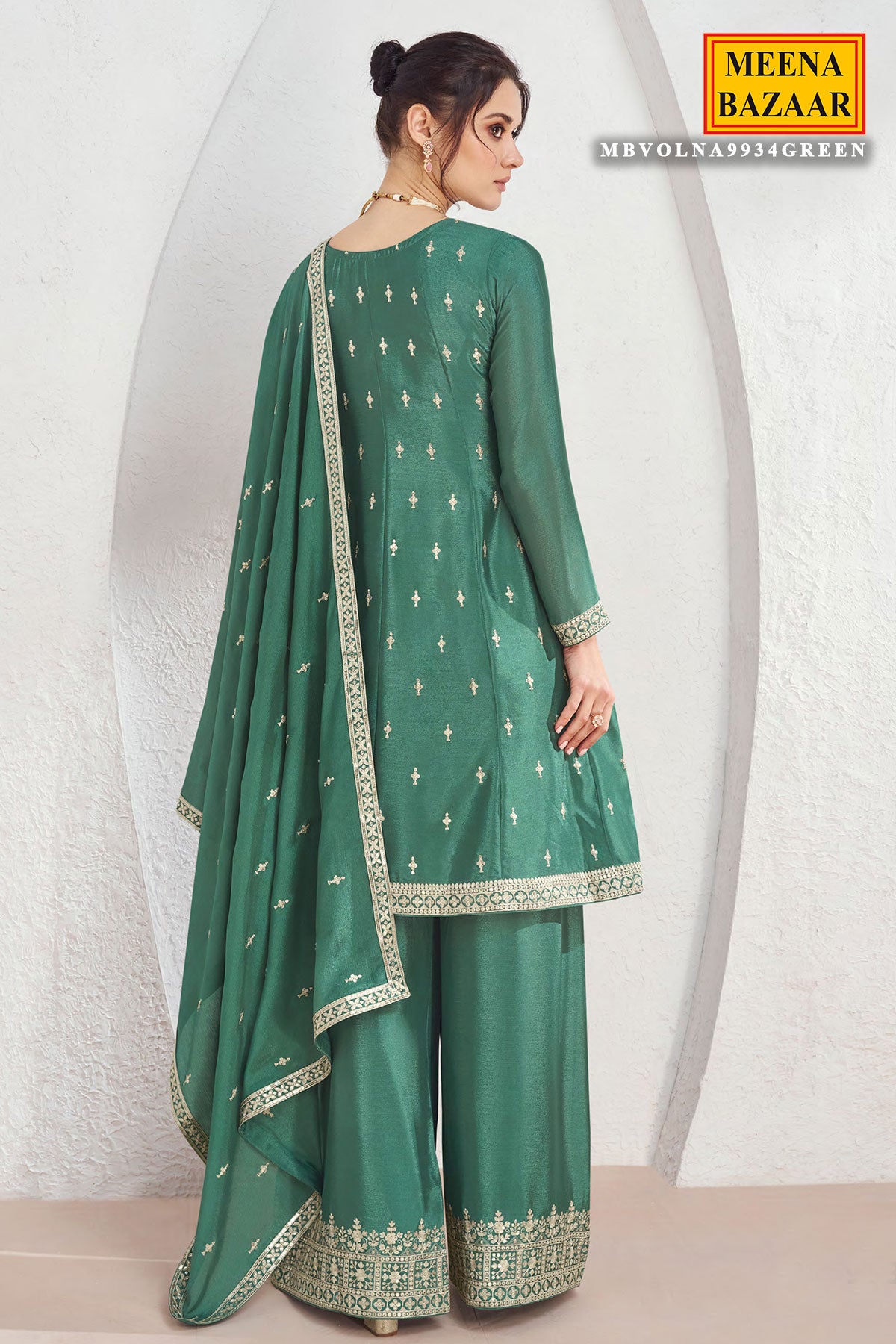 Green Chinon Embroidered Anarkali Style Palazzo Suit Set