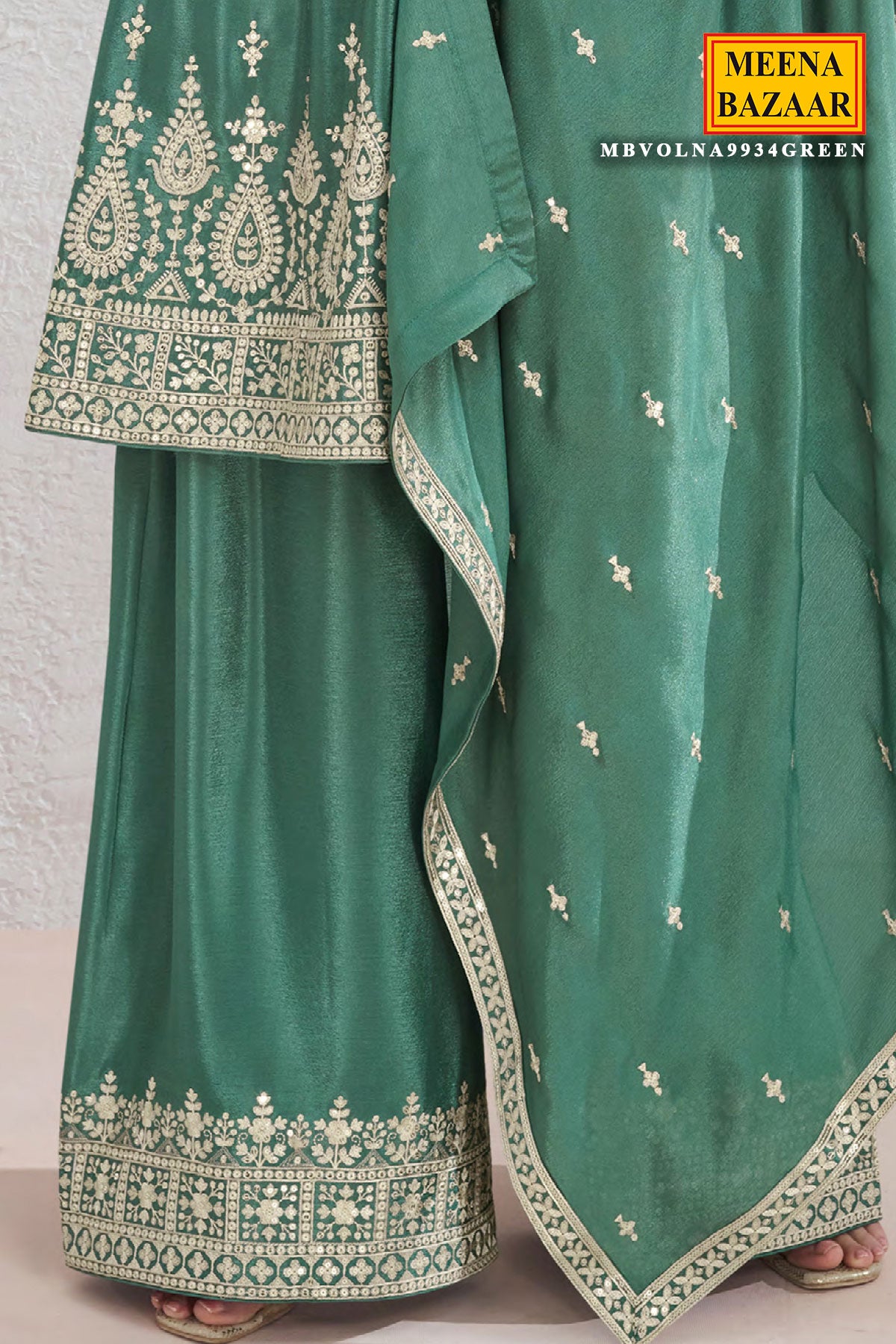 Green Chinon Embroidered Anarkali Style Palazzo Suit Set