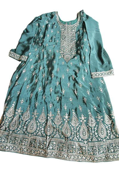 Green Chinon Embroidered Anarkali Style Palazzo Suit Set