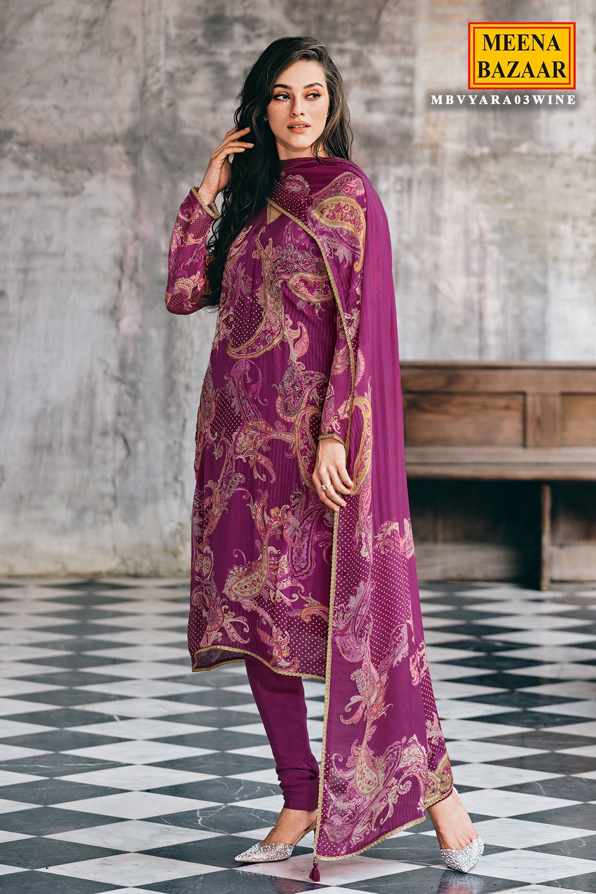 Wine Georgette Floral Zari Embroidered Suit Set