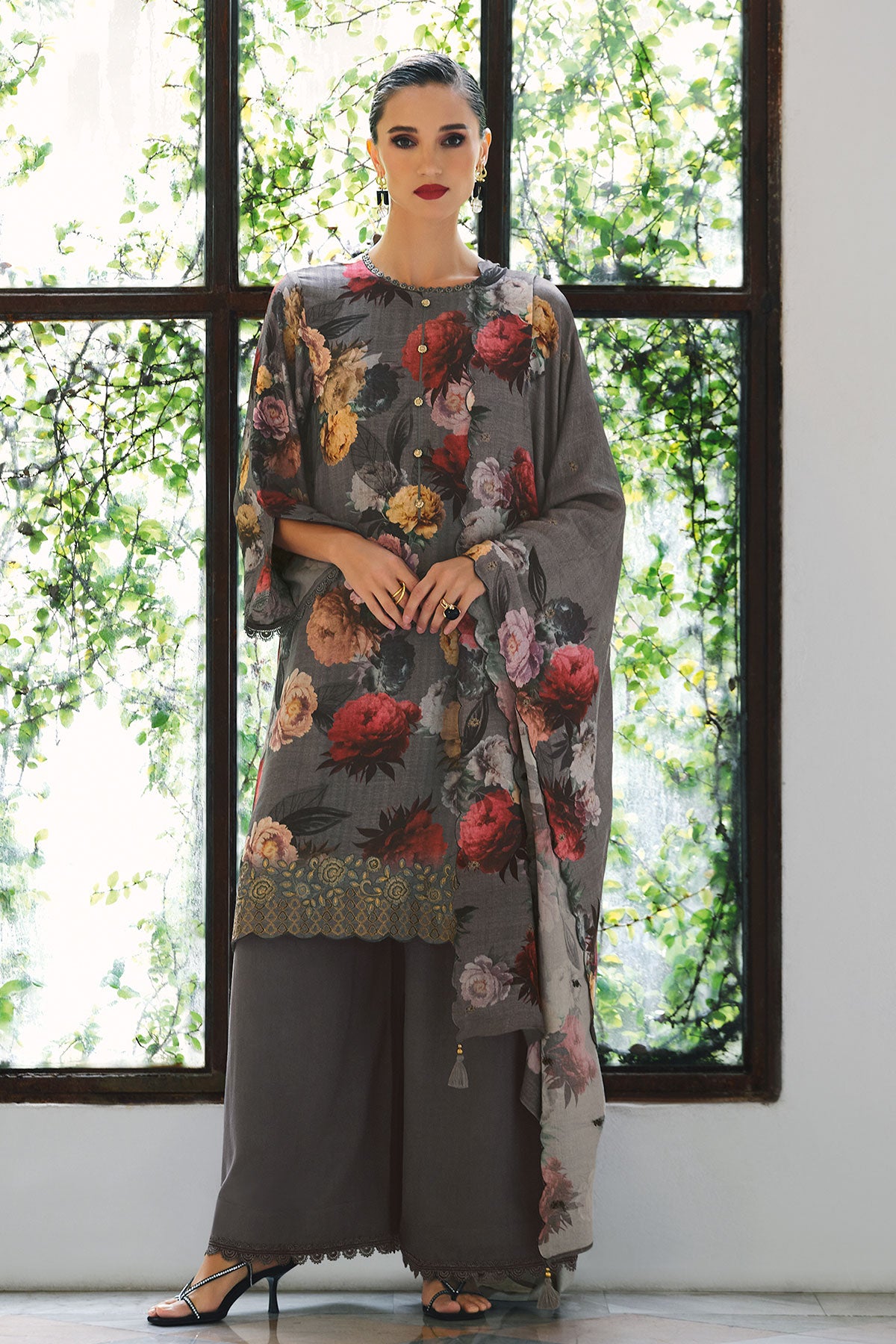 Grey Pashmina Floral Printed Suit Set