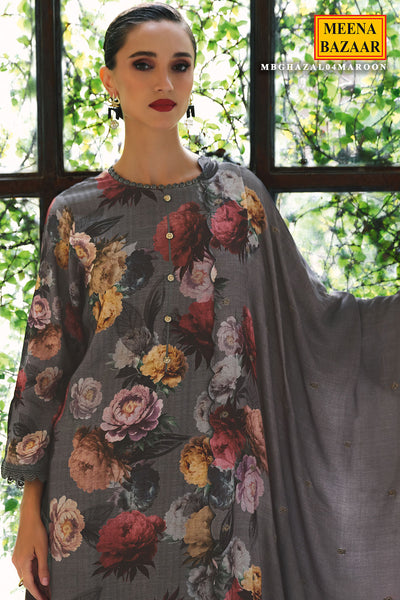 Grey Pashmina Floral Printed Suit Set