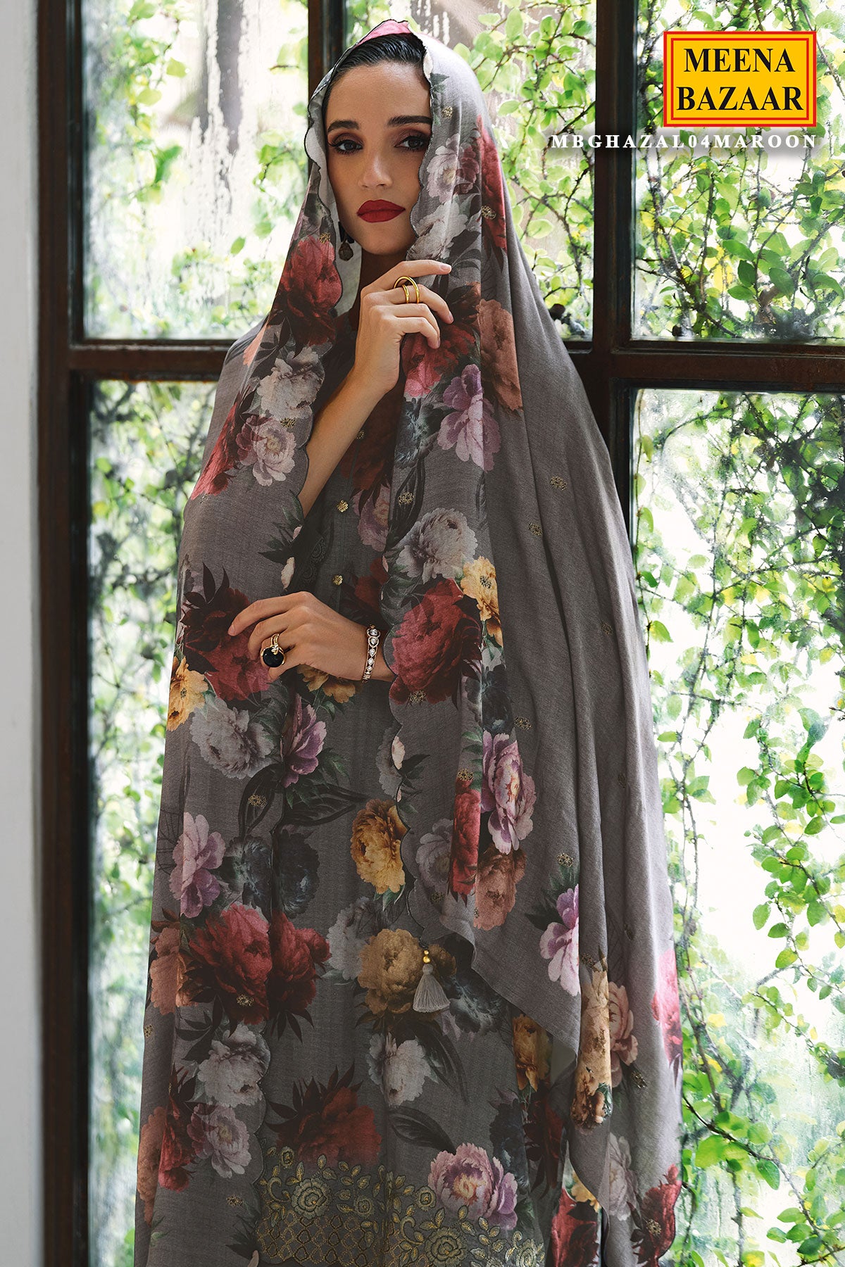 Grey Pashmina Floral Printed Suit Set