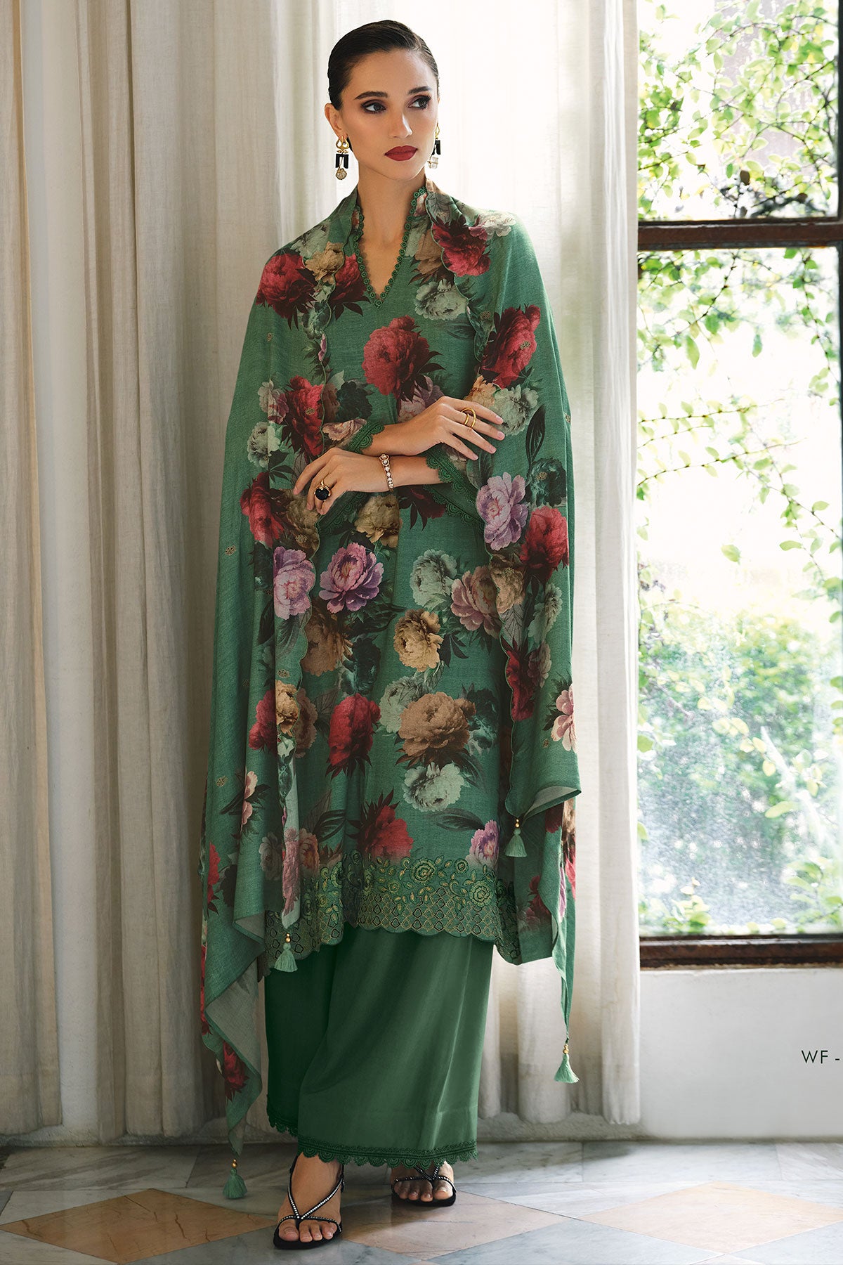 Sea Green Pashmina Floral Printed Suit Set