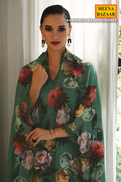 Sea Green Pashmina Floral Printed Suit Set