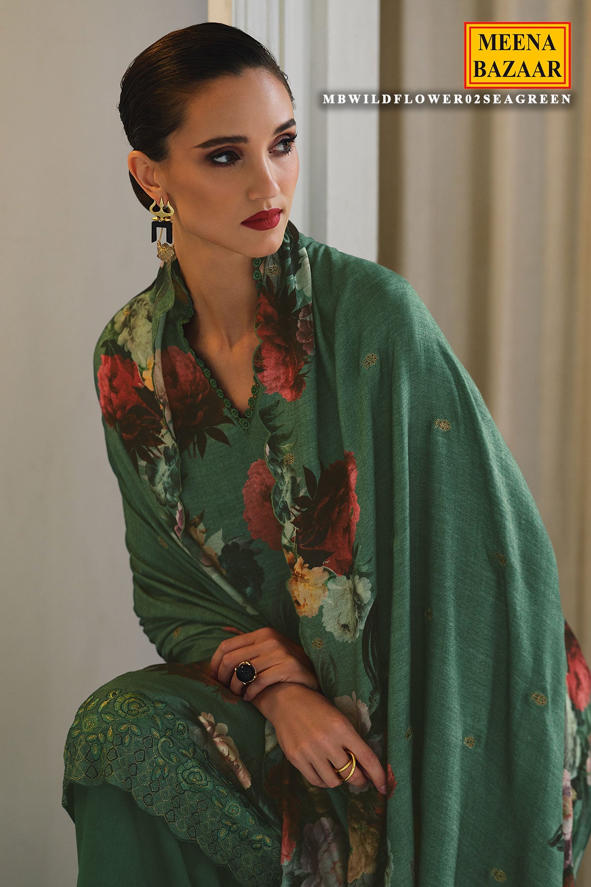 Sea Green Pashmina Floral Printed Suit Set