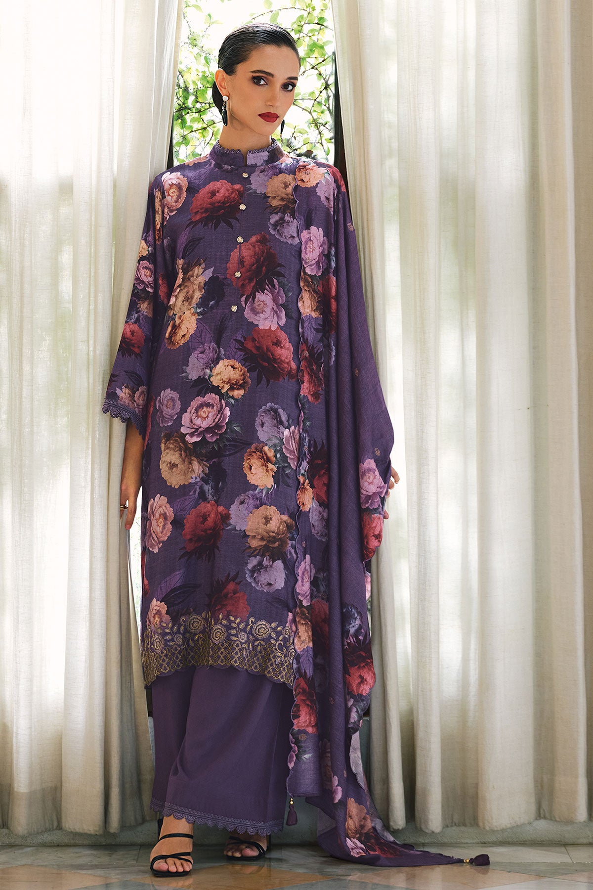 Mauve Pashmina Floral Printed Suit Set