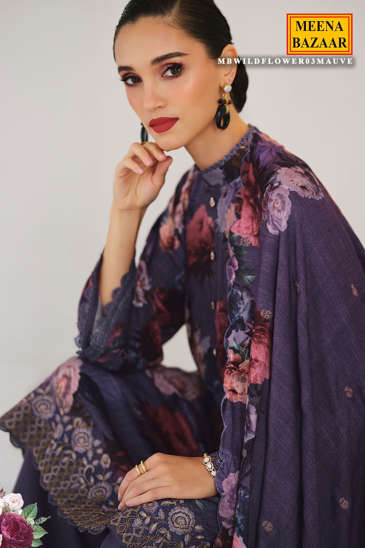 Mauve Pashmina Floral Printed Suit Set