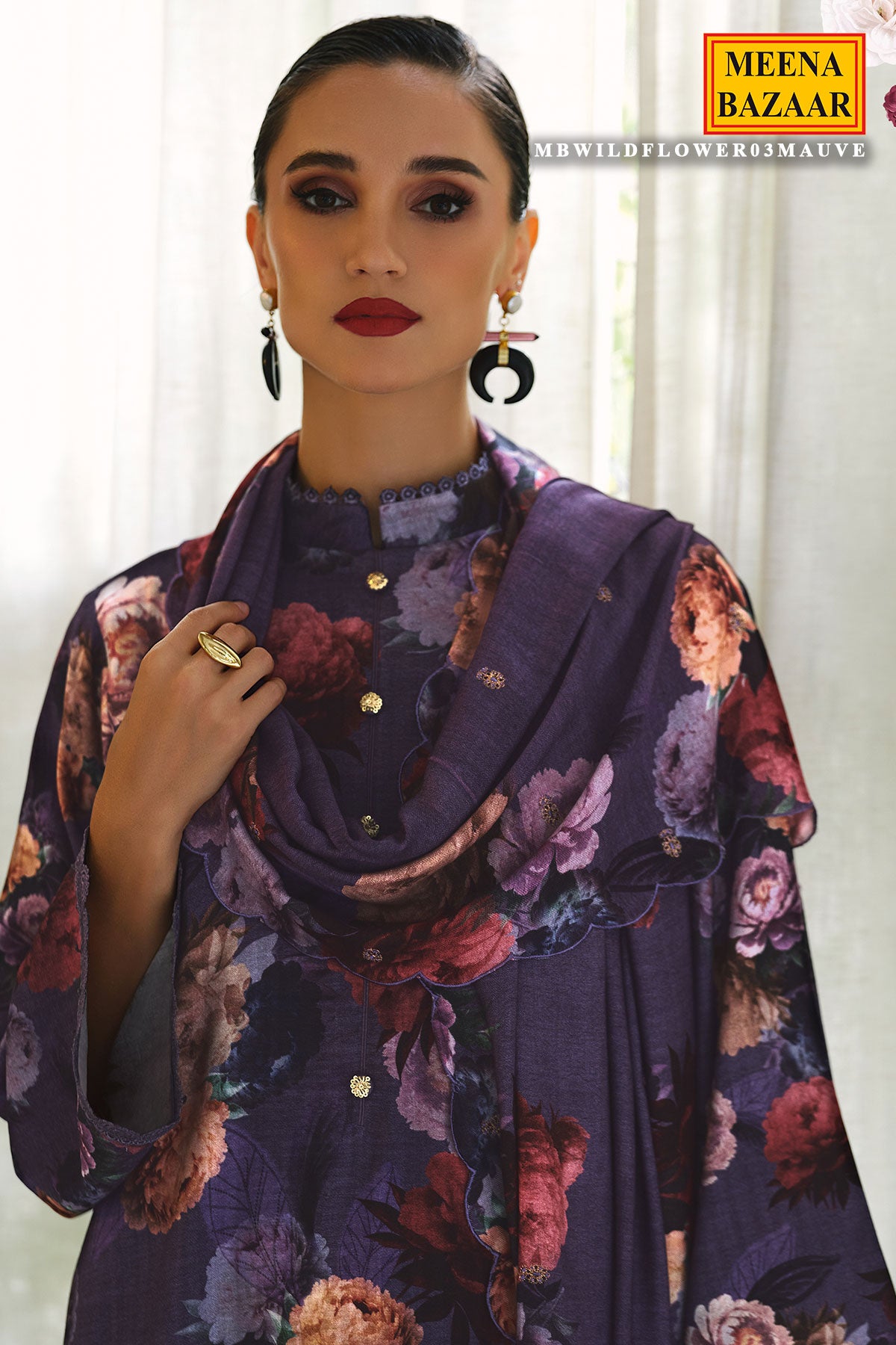 Mauve Pashmina Floral Printed Suit Set