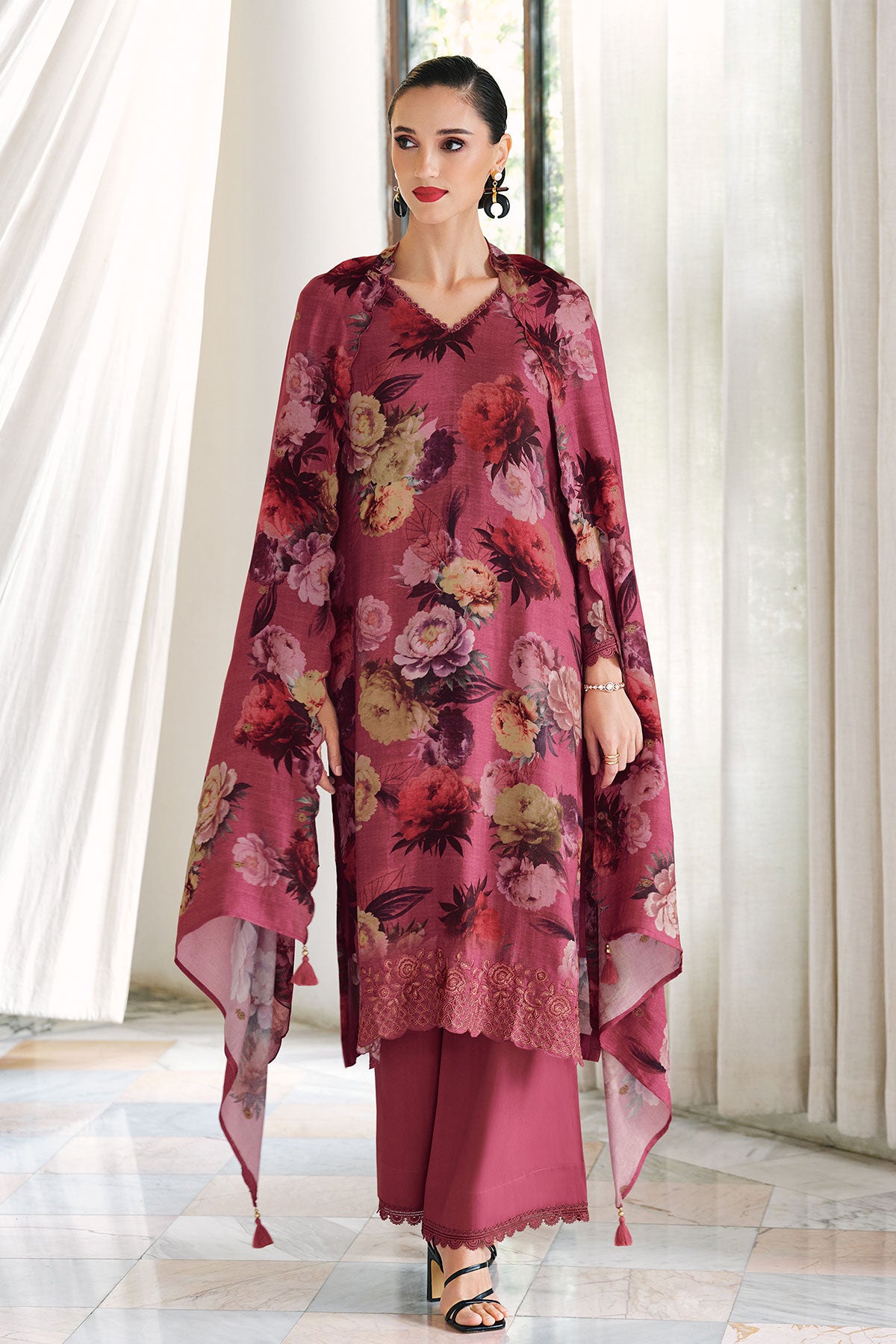 Wine Pashmina Floral Printed Suit Set