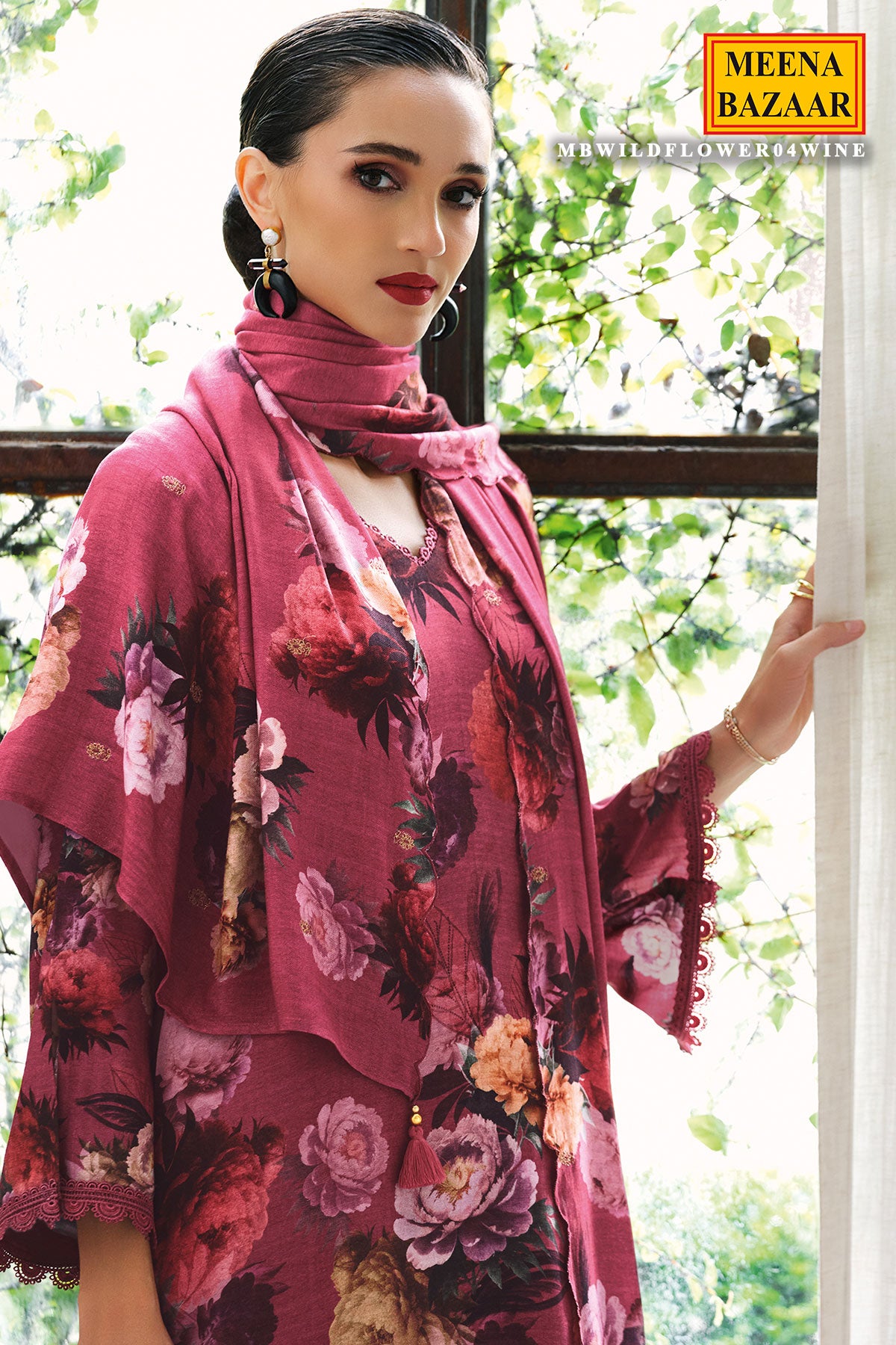 Wine Pashmina Floral Printed Suit Set