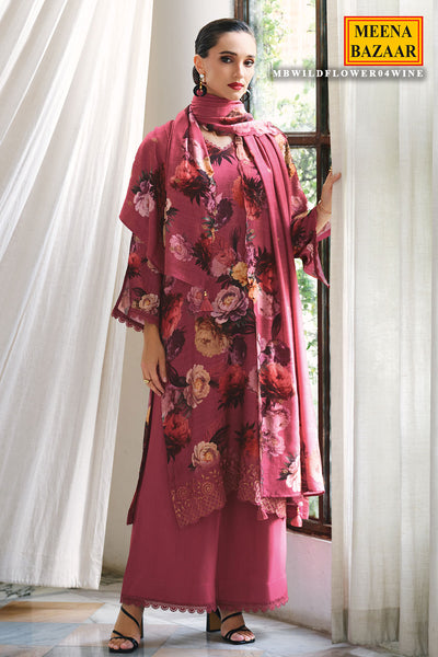 Wine Pashmina Floral Printed Suit Set