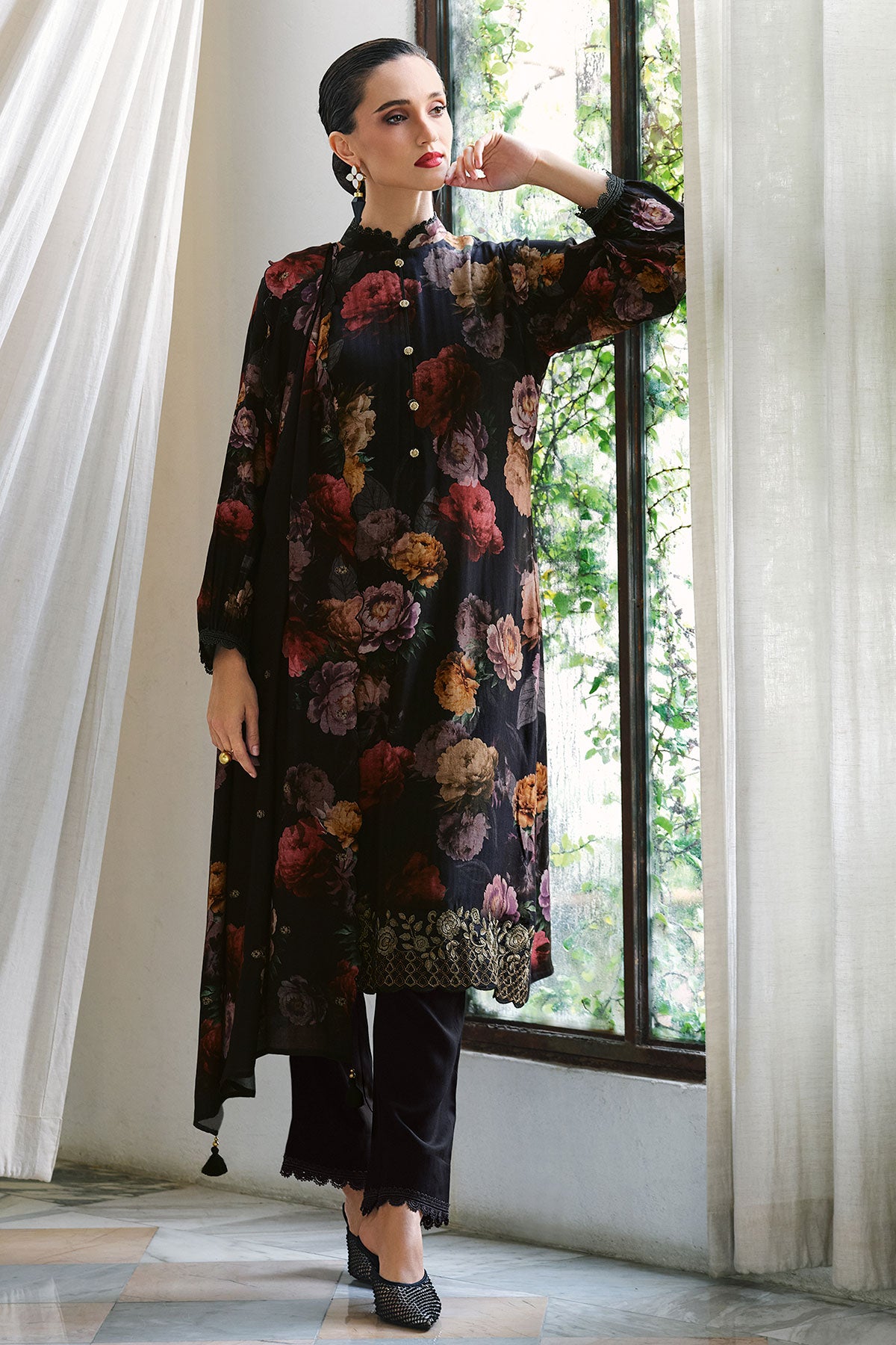 Black Pashmina Floral Printed Suit Set