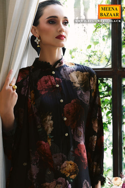 Black Pashmina Floral Printed Suit Set