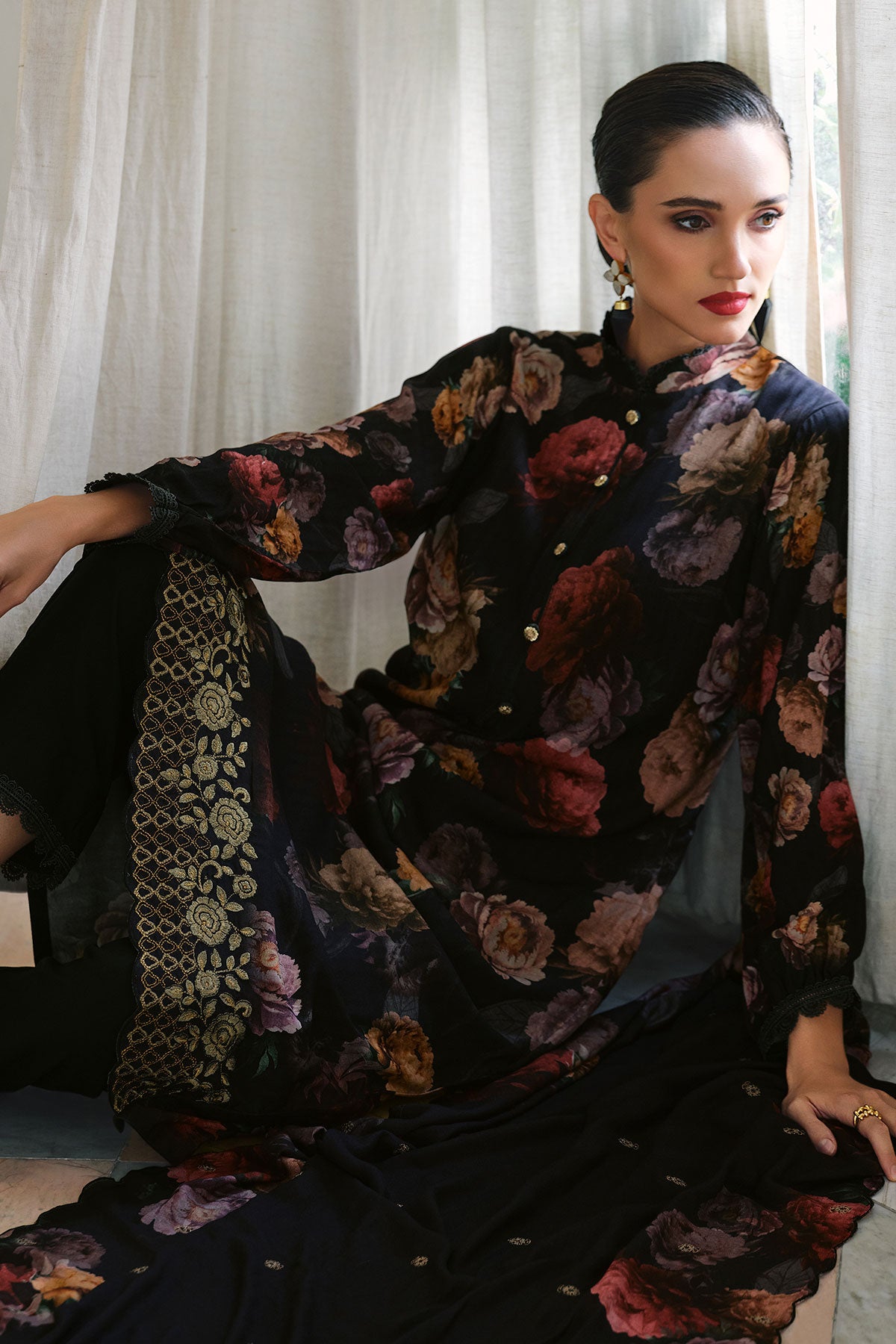 Black Pashmina Floral Printed Suit Set