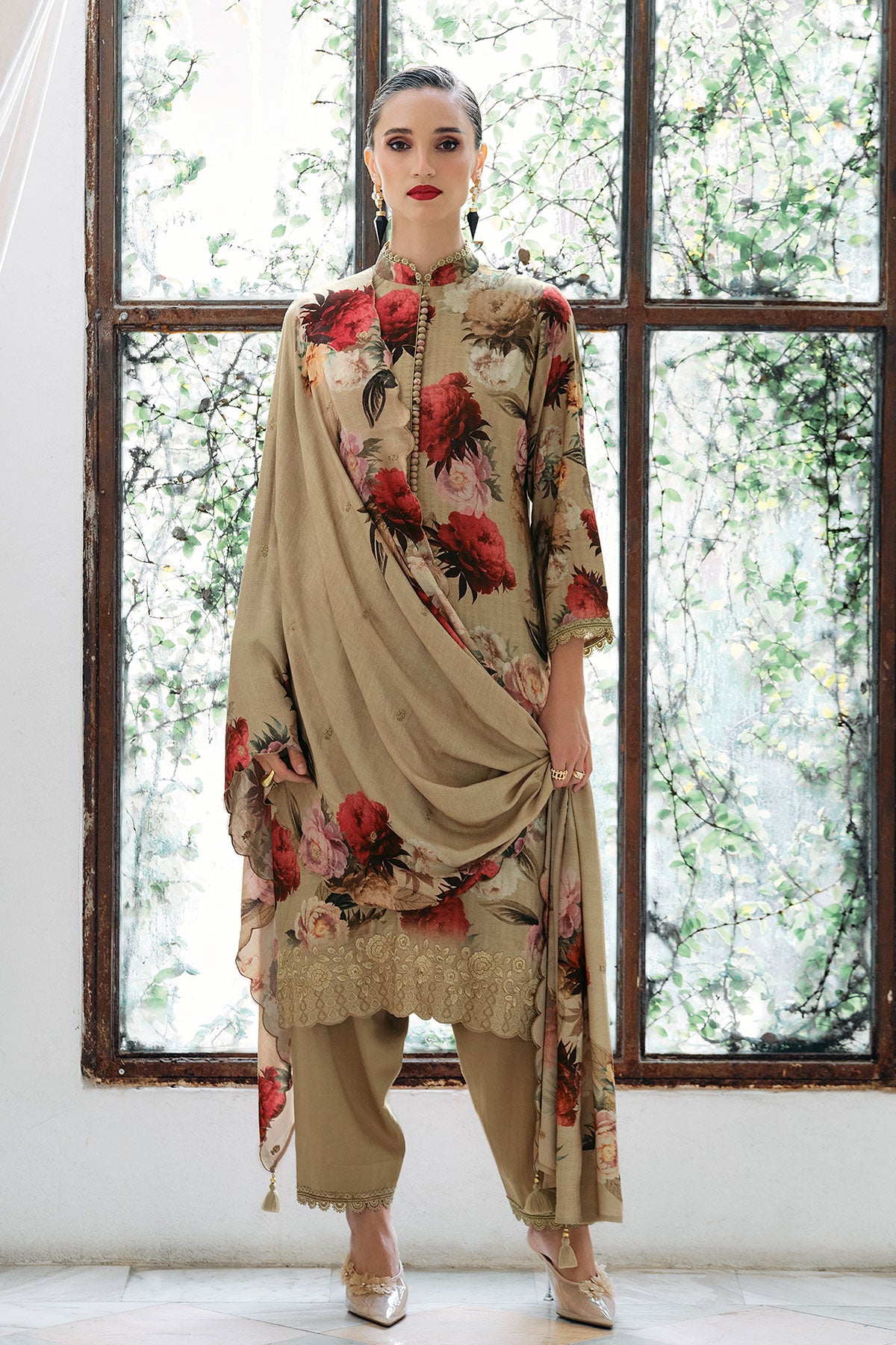 Camel Brown Pashmina Floral Printed Suit Set