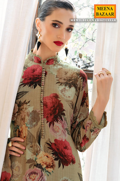 Camel Brown Pashmina Floral Printed Suit Set