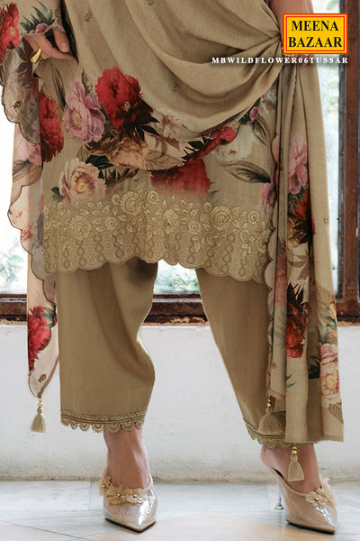 Camel Brown Pashmina Floral Printed Suit Set