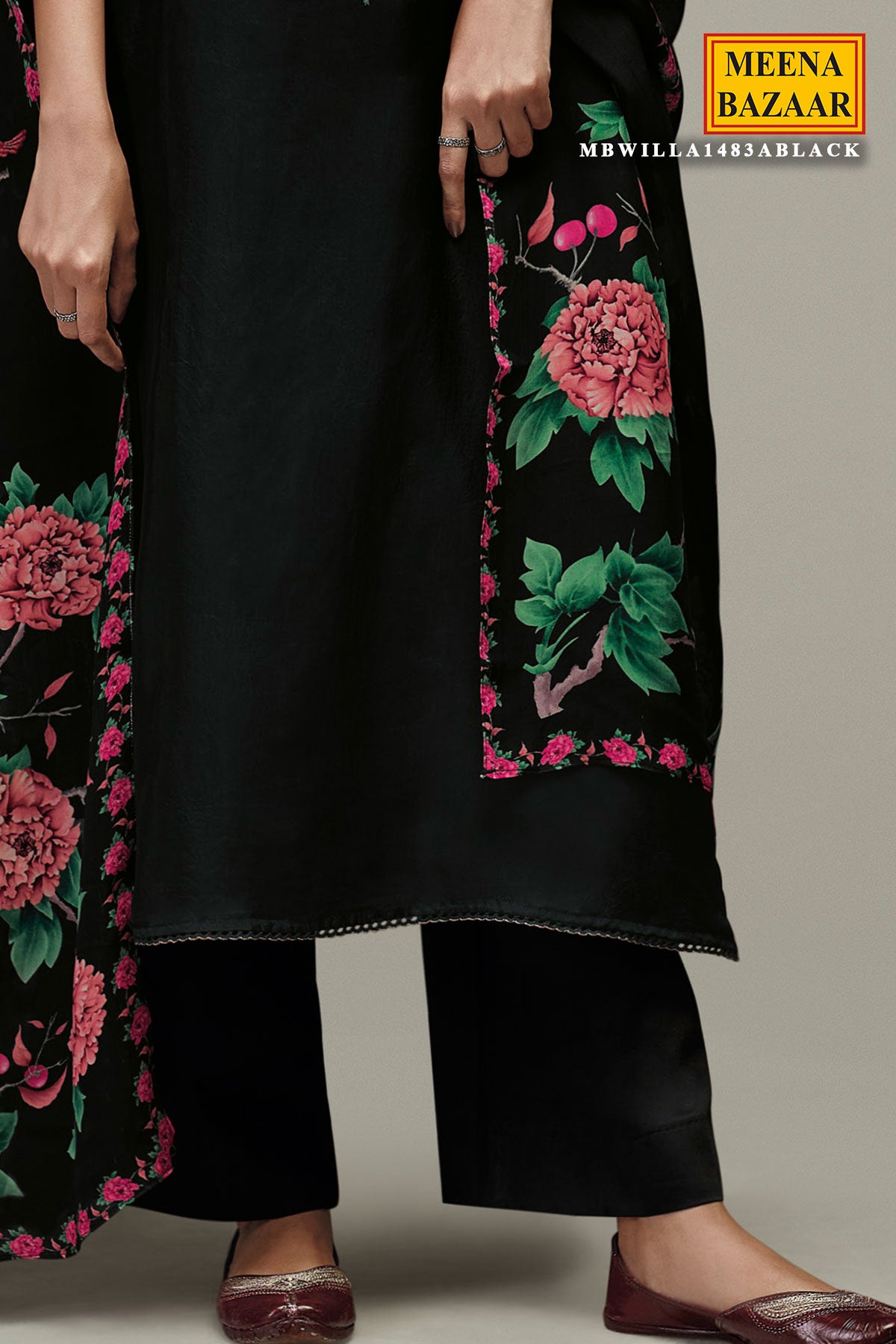 Black Cotton Floral Threadwork and Zari Embroidered Suit Set