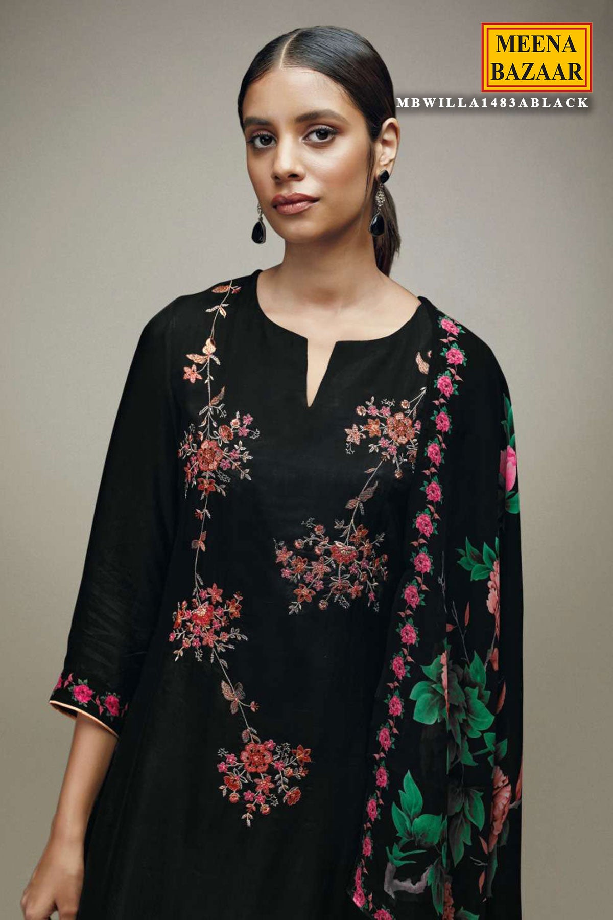 Black Cotton Floral Threadwork and Zari Embroidered Suit Set