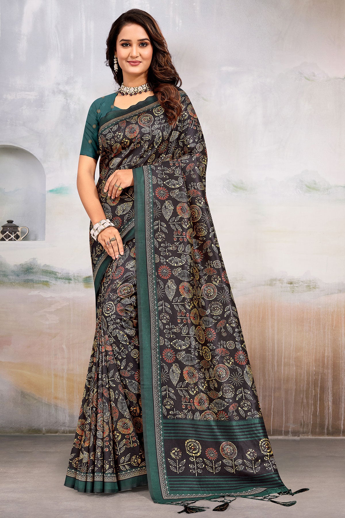 Black Silk Printed Saree Stylish Festive & Casual Wear