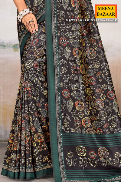 Black Silk Printed Saree Stylish Festive & Casual Wear