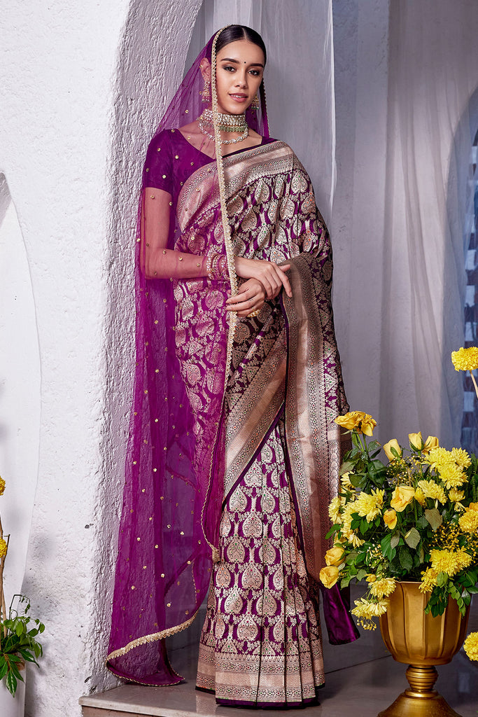 Rani-pink Woven Banarasi Silk Saree – Meena Bazaar