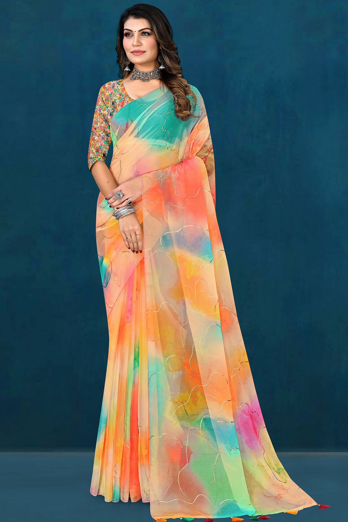 Multicolor Organza Saree with Subtle Zari Highlights and Lightweight Drape
