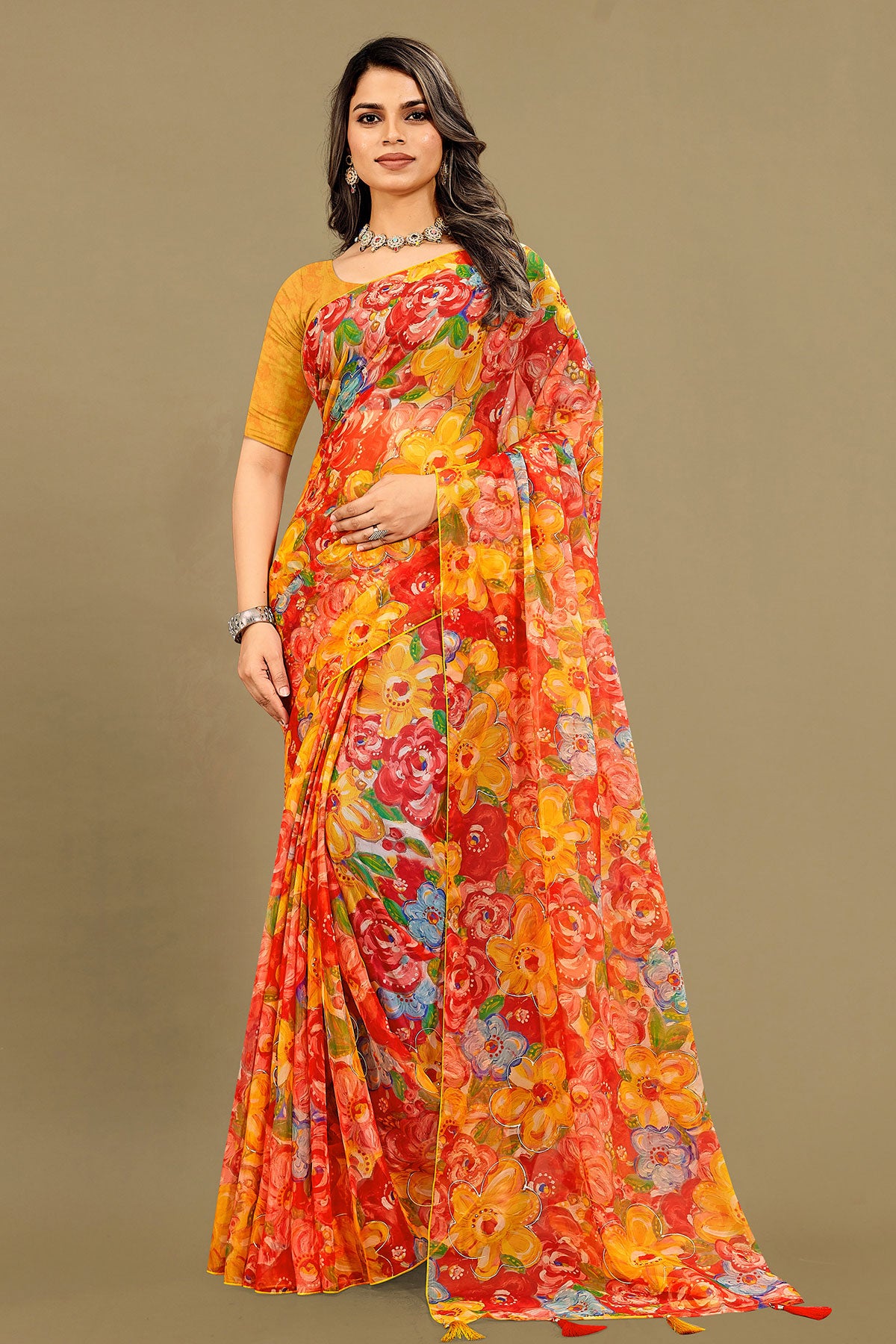 Mustard Organza Saree with Subtle Zari Highlights and Lightweight